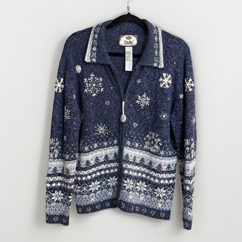 Tiara International Vintage Christmas Snowflake Zip Up Cardigan Sweater Blue M